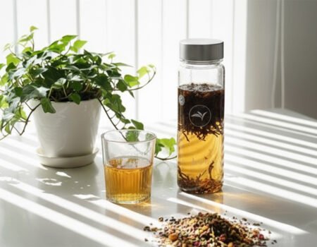 Glass of herbal tea and tea infuser bottle on white table, next to potted plant. Sunlight casts striped shadows.