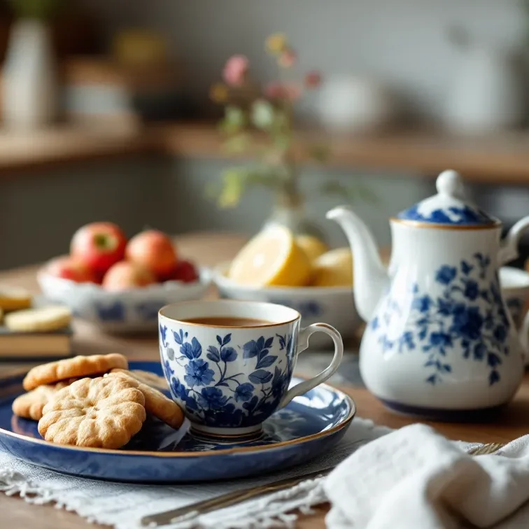 Elegant tea set on wooden table with cookies and fresh fruit in cozy kitchen setting.