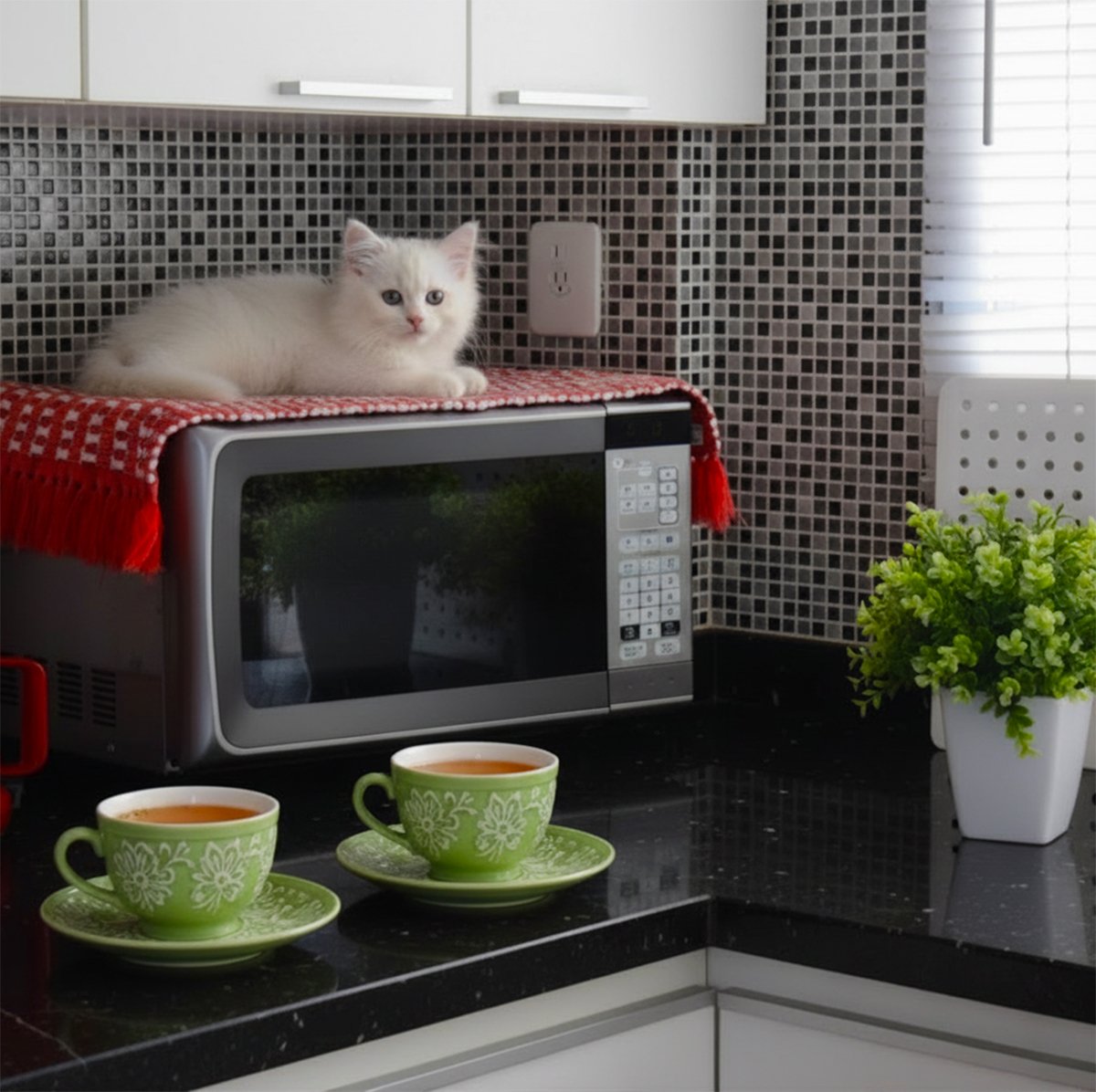 Fluffy white kitten relaxing on microwave with green teacups and plant in cozy kitchen setup.