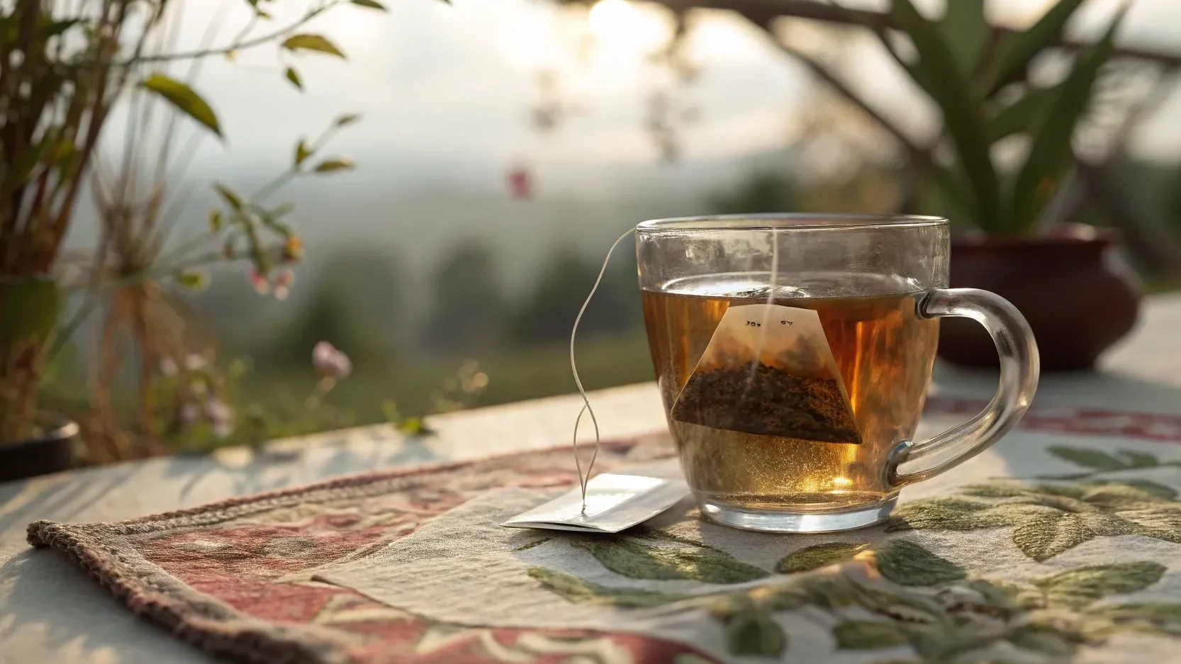 Glass cup of herbal tea with a tea bag on a floral tablecloth, scenic morning view in the background.