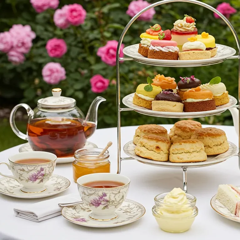 Afternoon tea setup with scones, pastries, and sandwiches on a tiered stand, surrounded by floral china and pink roses.