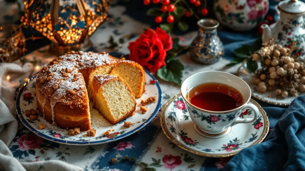 Tea time with a slice of cake, floral teacup, and decorative table setting for a cozy afternoon.