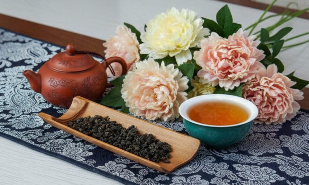 Brewing Oolong Tea: A Guide to Steeping the Finest Oolong Leaves from Taiwan Tea setup with a teapot, cup, and floral decor on a patterned tablecloth for a relaxing atmosphere.