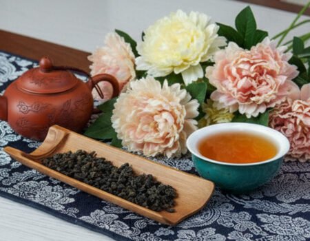 Tea setup with a teapot, cup, and floral decor on a patterned tablecloth for a relaxing atmosphere.