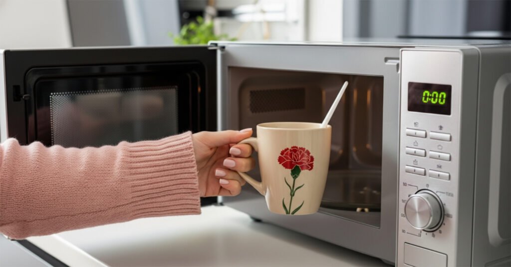 Hand in pink sleeve placing floral mug into microwave on a kitchen countertop.