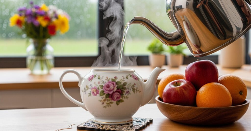 Pouring steaming water into a floral teapot with a fruit bowl and flowers nearby. Cozy kitchen setting.