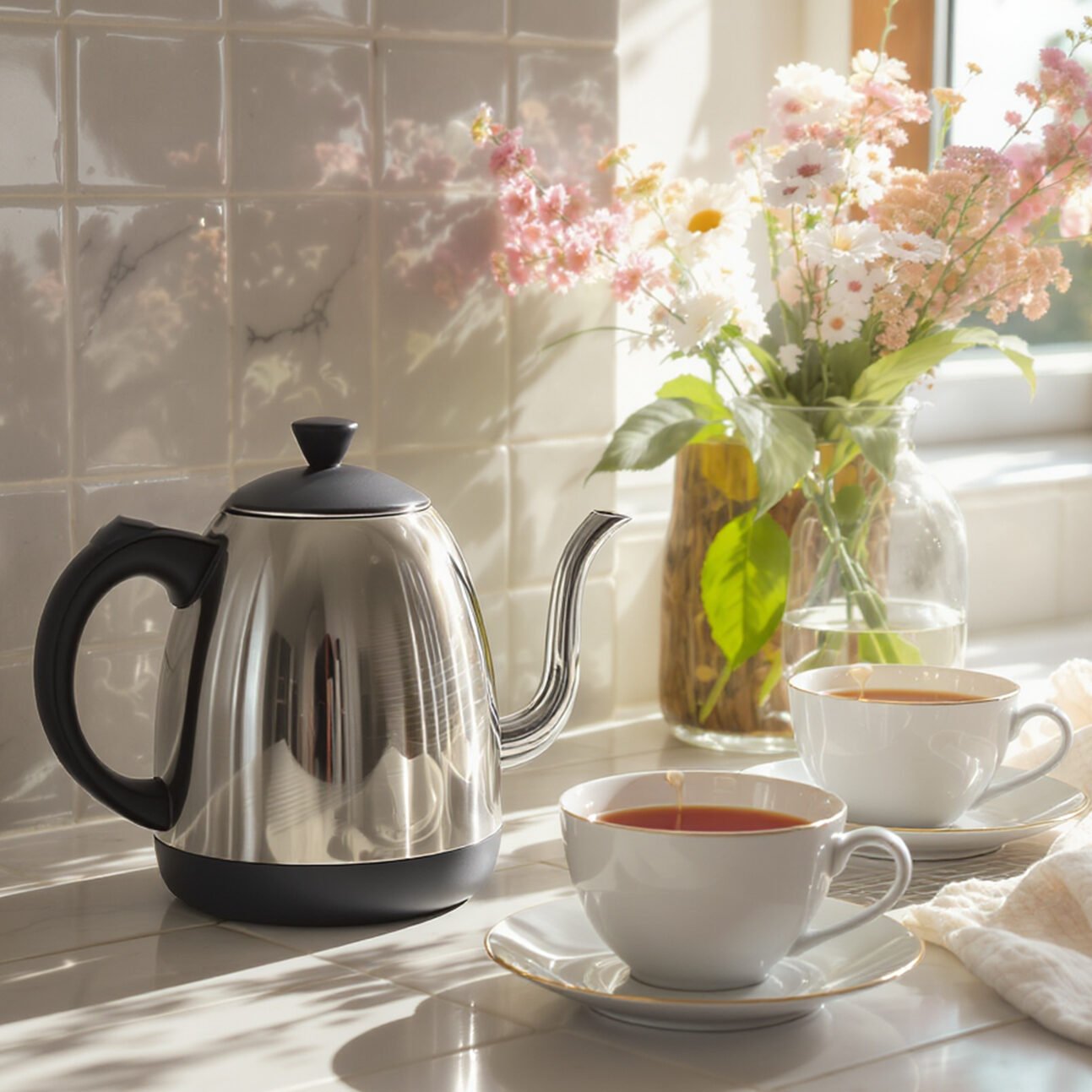 Stainless steel kettle next to flowering vase and two teacups on a sunlit kitchen counter.