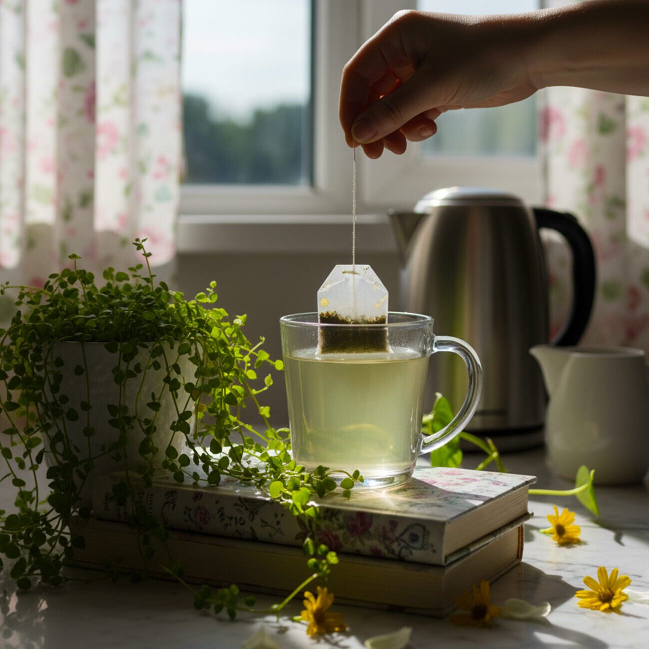 Hand brewing herbal tea in sunlight, beside books and greenery on a cozy kitchen counter with kettle.