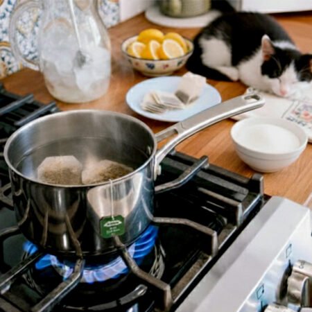 How to Make Tea on the Stove: A Sweet Tea Guide Cat lounging beside a stove with boiling tea, lemons, and a floral mug in a cozy kitchen setting.