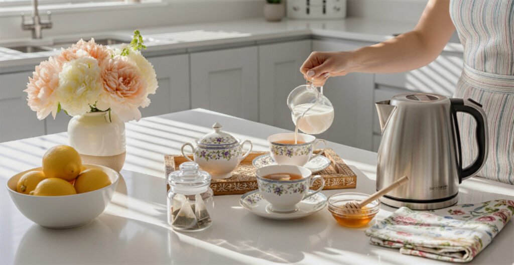 Cozy kitchen scene with tea set, milk pouring, flowers, lemons, and honey on a bright countertop.