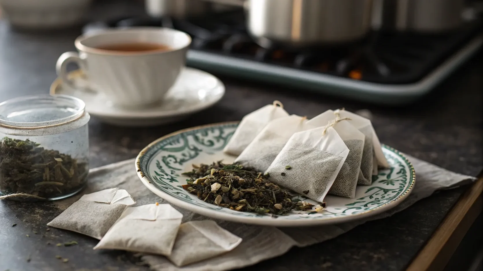 Tea bags on a patterned plate with a cup of steeped tea, set on a kitchen counter with loose tea in a jar.