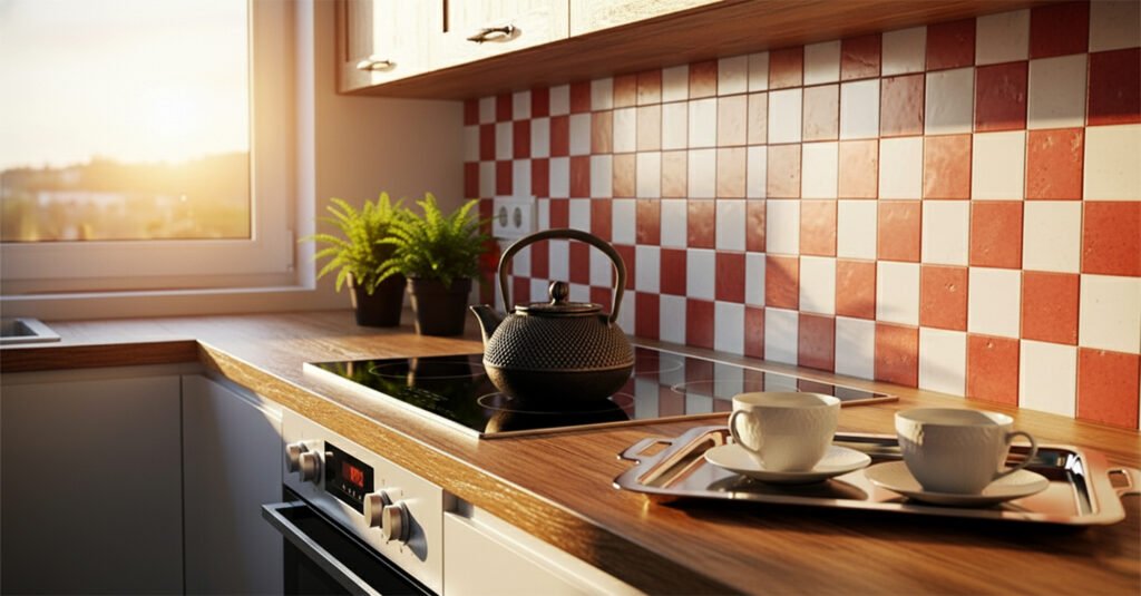 Modern kitchen with a checkered backsplash, electric stove, black teapot, and sunlight streaming through the window.