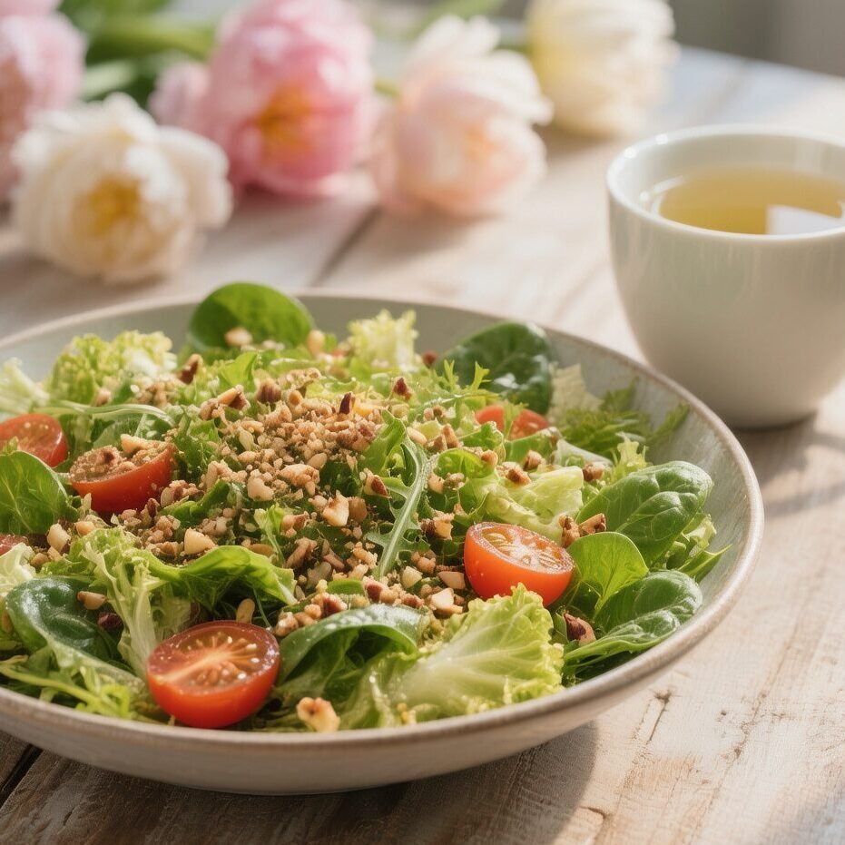 Fresh green salad with cherry tomatoes and nuts, served with a cup of white tea on a wooden table.