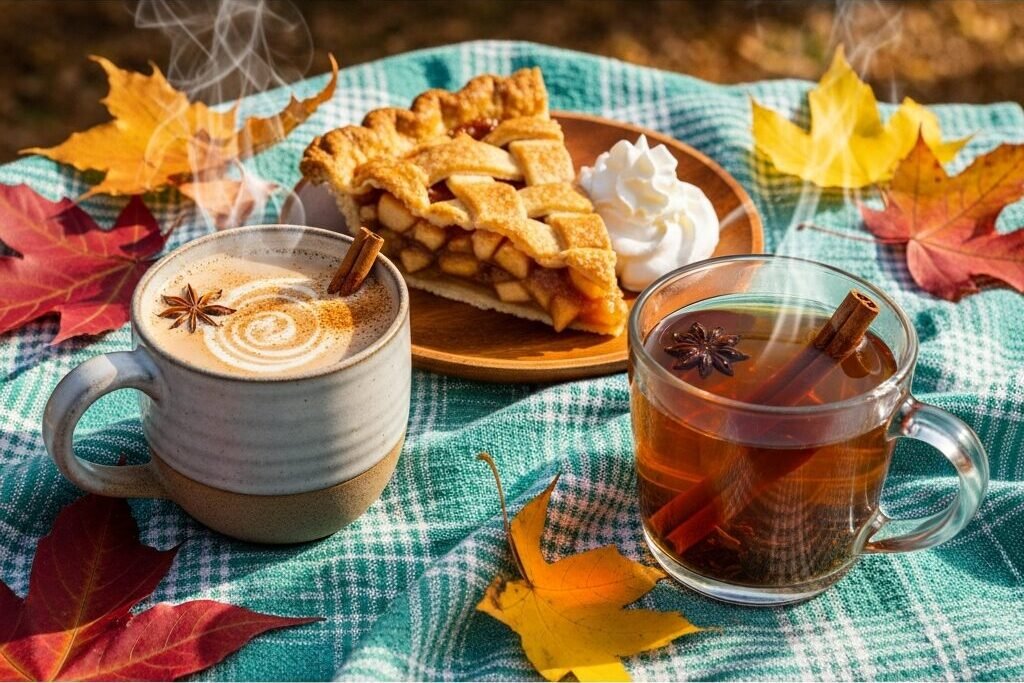 Steaming coffee and tea with apple pie on a picnic blanket surrounded by colorful autumn leaves.