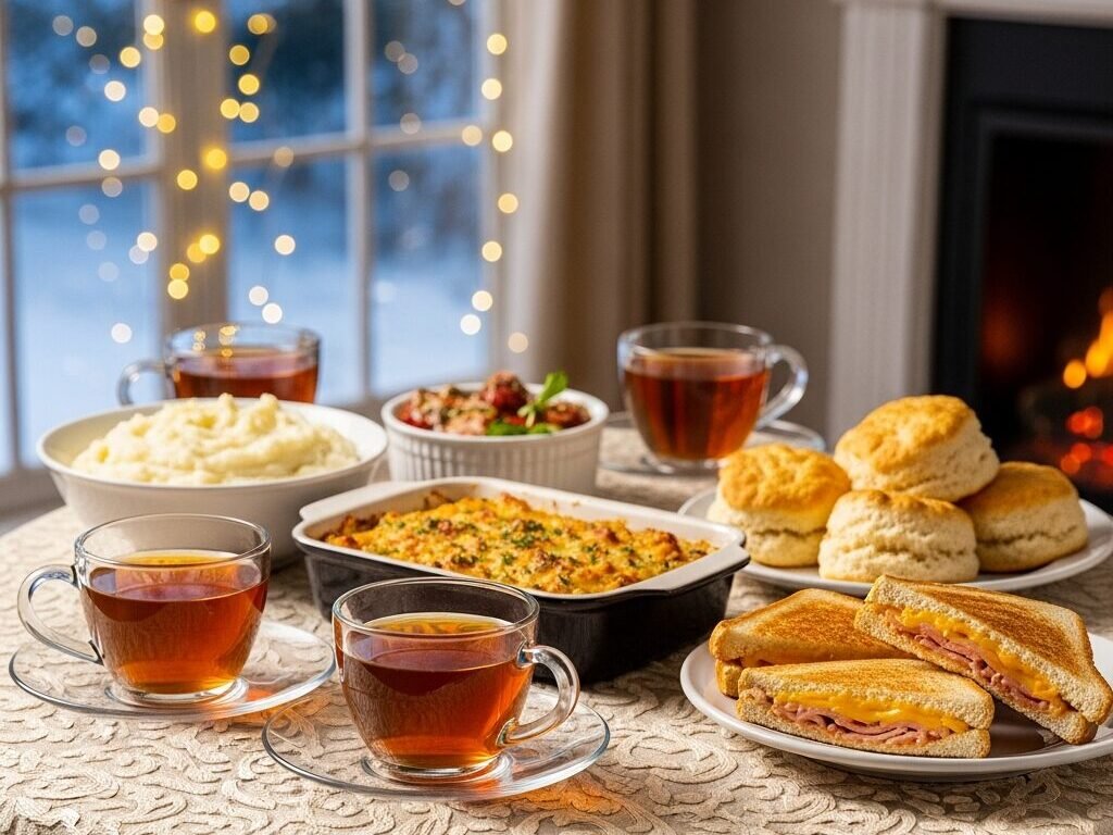 Cozy winter meal with tea, mashed potatoes, biscuits, casserole, and sandwiches by a warm fireplace.