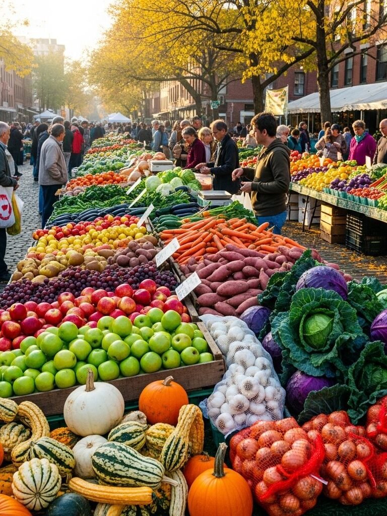 Colorful farmers market with fresh fruits and vegetables on display, bustling with people on a sunny autumn day.