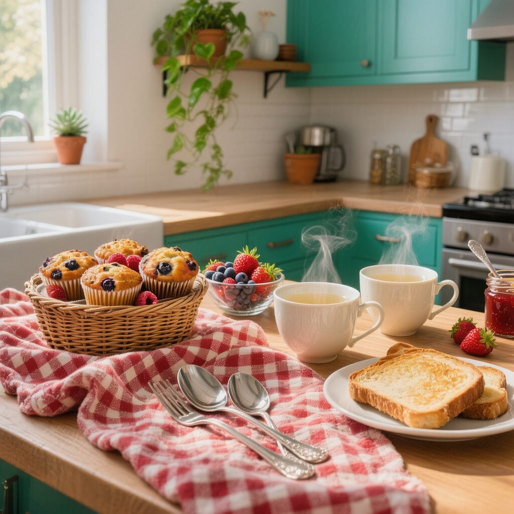 Cozy kitchen breakfast scene with muffins, tea, toast, and fresh berries on a wood countertop and red checkered cloth.