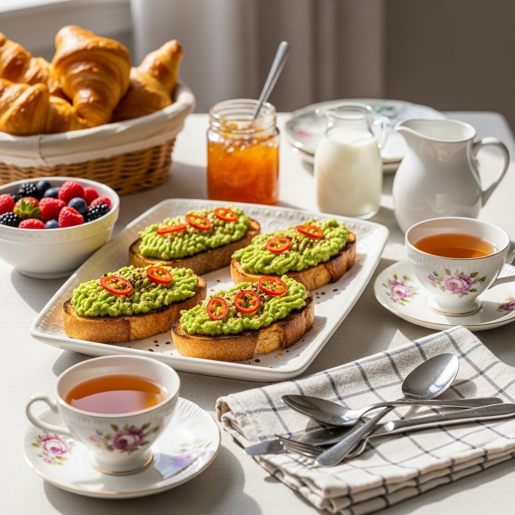 Delicious breakfast spread with avocado toast, croissants, berries, tea, and milk on a sunny table.