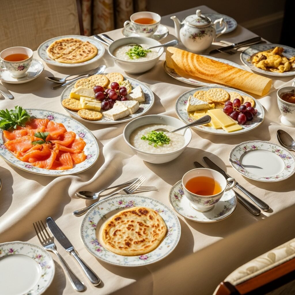 Elegant brunch table with tea, smoked salmon, pancakes, cheese, crackers, and porridge, served on floral china.