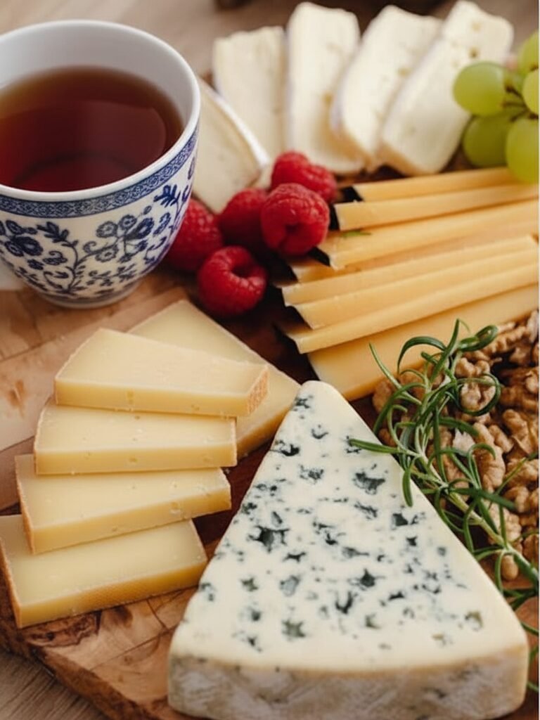 Cheese platter with raspberries, nuts, and a cup of tea on a wooden board. Perfect for gourmet tasting sessions.