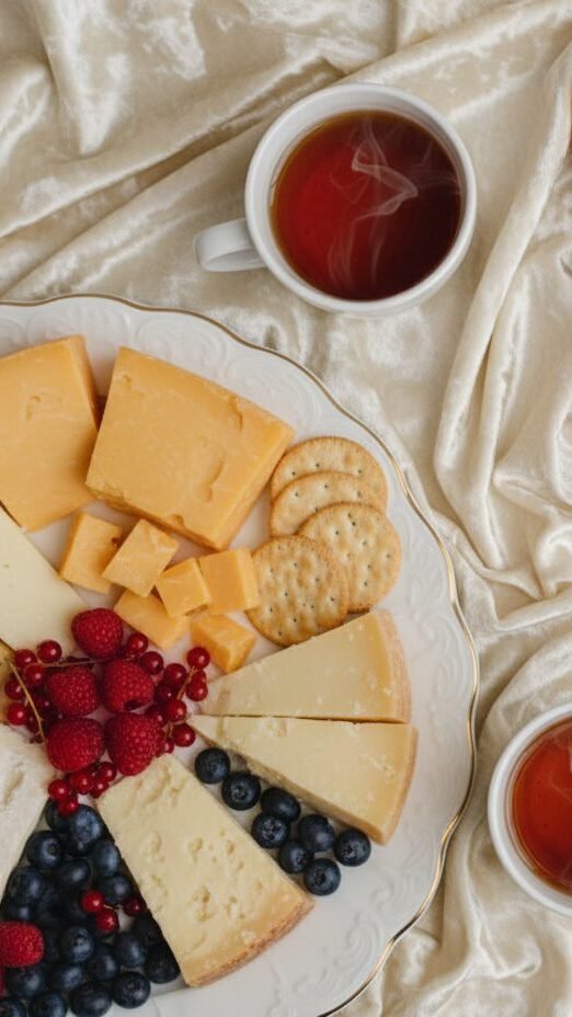 Cheese and fruit platter with crackers and tea on a silky tablecloth.