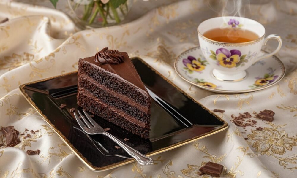 Chocolate cake slice on a black plate with floral teacup on elegant patterned tablecloth.