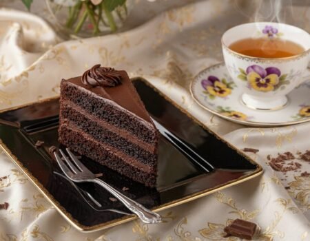 Chocolate cake slice on a black plate with floral teacup on elegant patterned tablecloth.