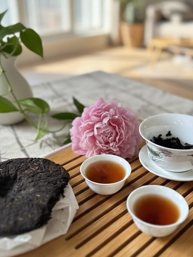 Cozy tea setup with pu-erh tea cake, two teacups, and a pink peony on a table in a sunlit room.