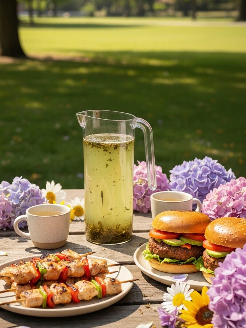 Picnic table with chicken skewers, burgers, and a pitcher of herbal tea, surrounded by colorful flowers in a sunny park.