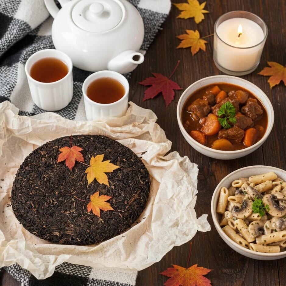 Autumn tea time with cozy black tea, hearty stew, cream pasta, and fall leaves on a warm, rustic table setting.