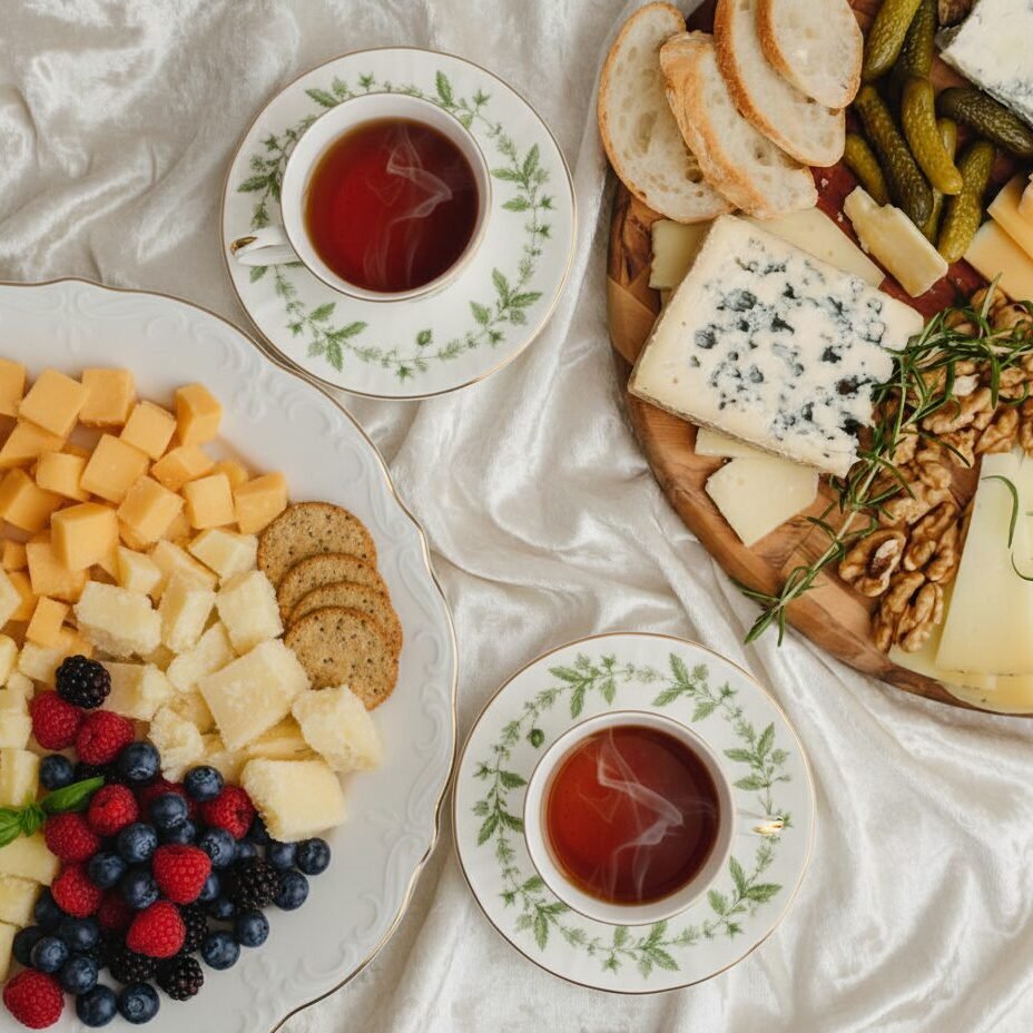 Assorted cheese and fruit platter with tea on elegant plates, featuring berries, nuts, and crackers on a satin tablecloth.