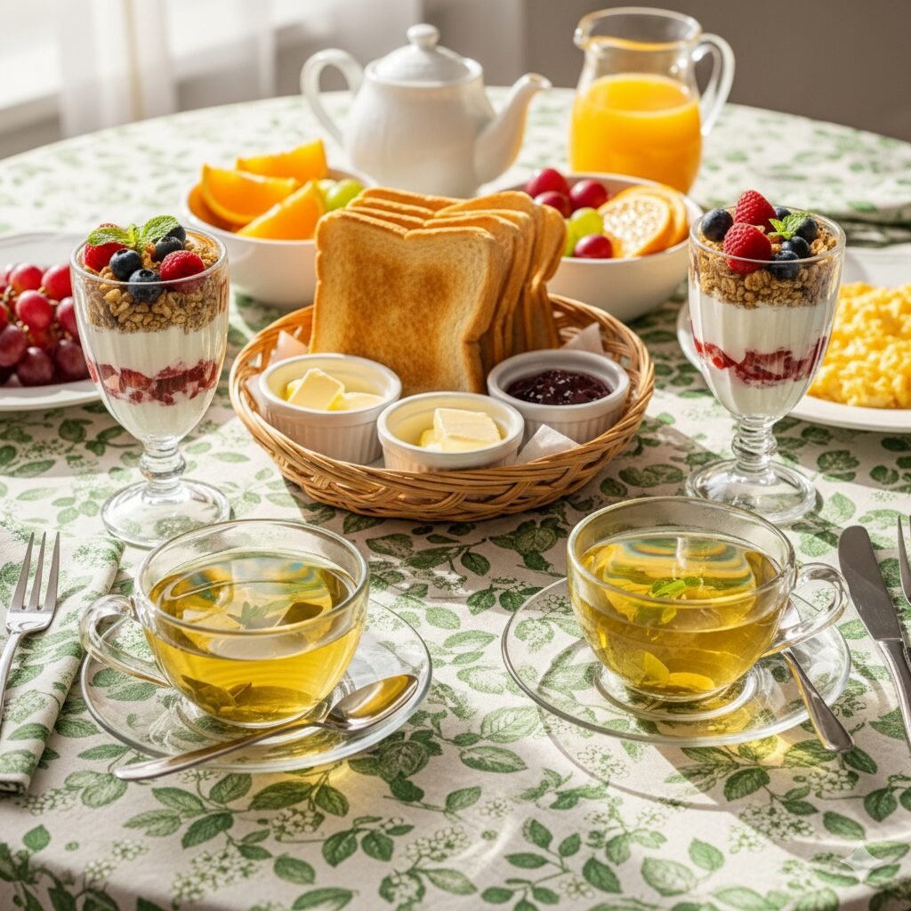 Delicious breakfast spread with tea, toast, yogurt parfaits, fruit, and scrambled eggs on a floral tablecloth.