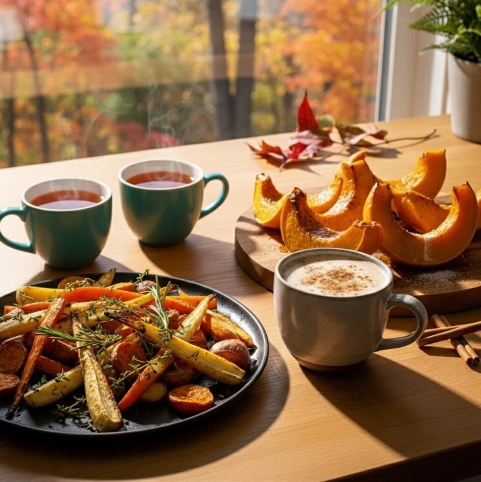 Autumn brunch with roasted vegetables, pumpkin slices, and hot drinks on a sunny table. Cozy and seasonal vibes.