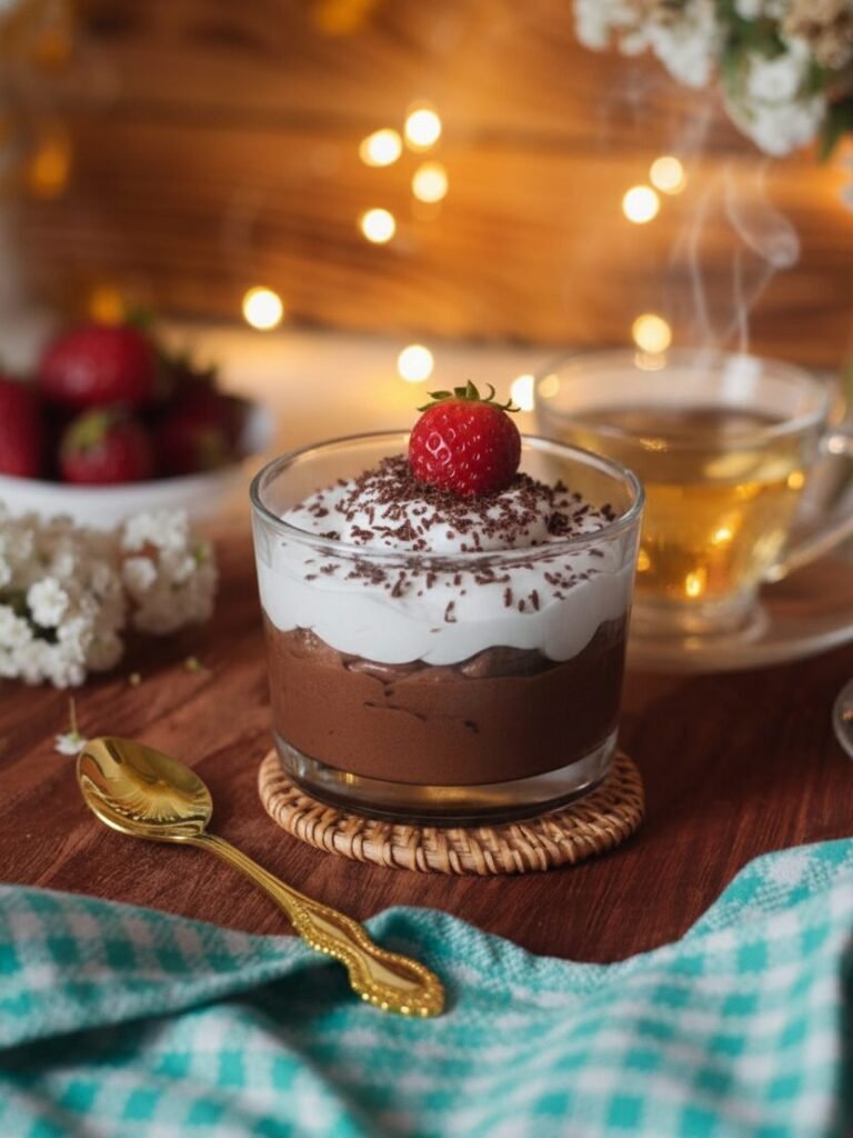 Chocolate mousse with whipped cream, a strawberry, and chocolate shavings in a glass, next to a tea cup.