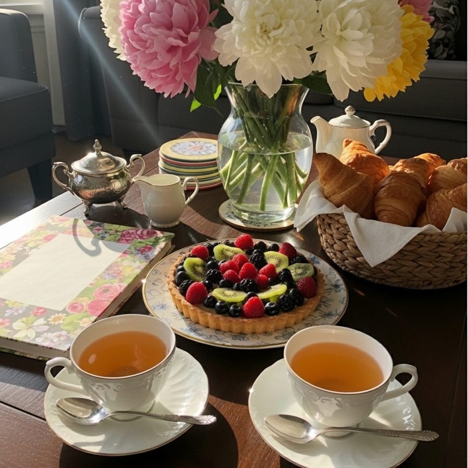 Elegant breakfast setup with fruit tart, croissants, tea, and a vase of colorful flowers on a sunlit table.