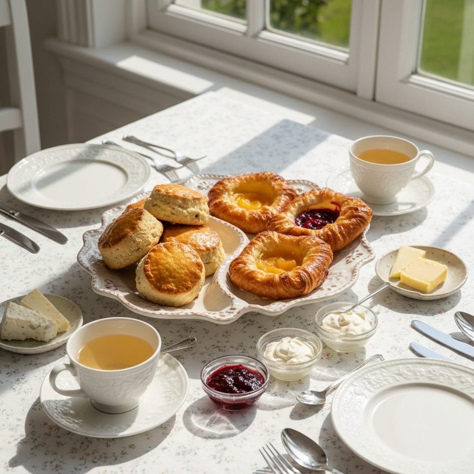Breakfast table with pastries, scones, cheese, butter, jam, cream, and tea set in natural light by a window.