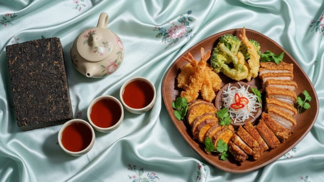 Assorted Asian appetizers with tea set on elegant silk fabric, featuring fried tempura, sliced meat, and tea cakes.