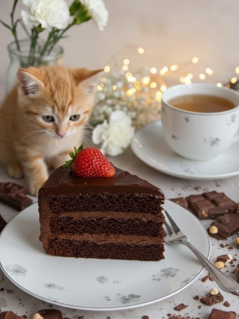 Kitten eyeing chocolate cake with strawberry, surrounded by chocolates and tea, on a decorated table.