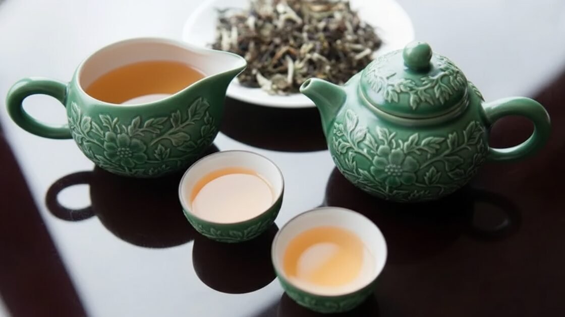 Green floral teapot and cups set with brewed tea and loose leaves on a dark, reflective surface.