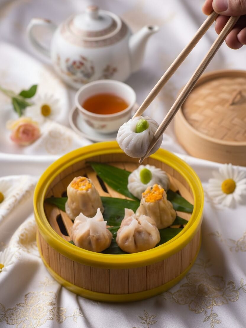 Delicious dim sum in bamboo steamer with a tea set; elegant Asian dining experience.