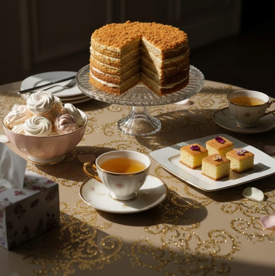 Layered honey cake and desserts on an elegant table setting with tea cups.