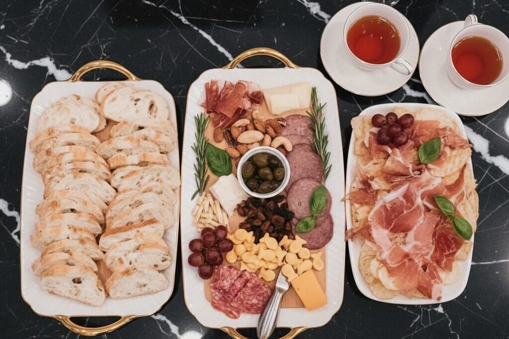 Charcuterie platters with bread, meats, cheese, olives, and tea on a black marble table.