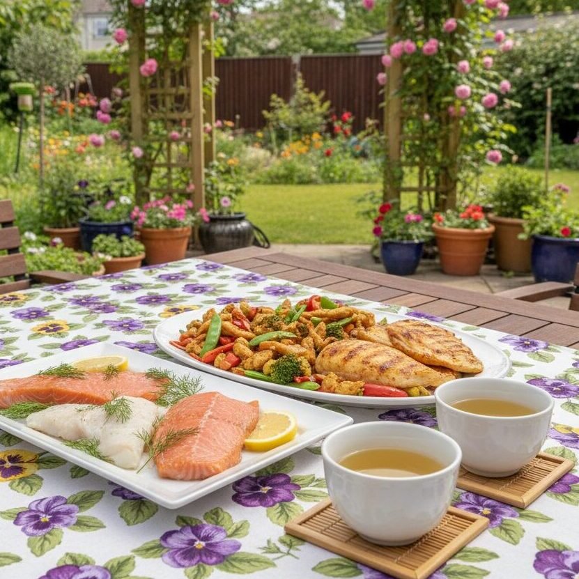 Outdoor dining setup with grilled chicken, salmon, veggies, and tea on a floral tablecloth in a garden setting.
