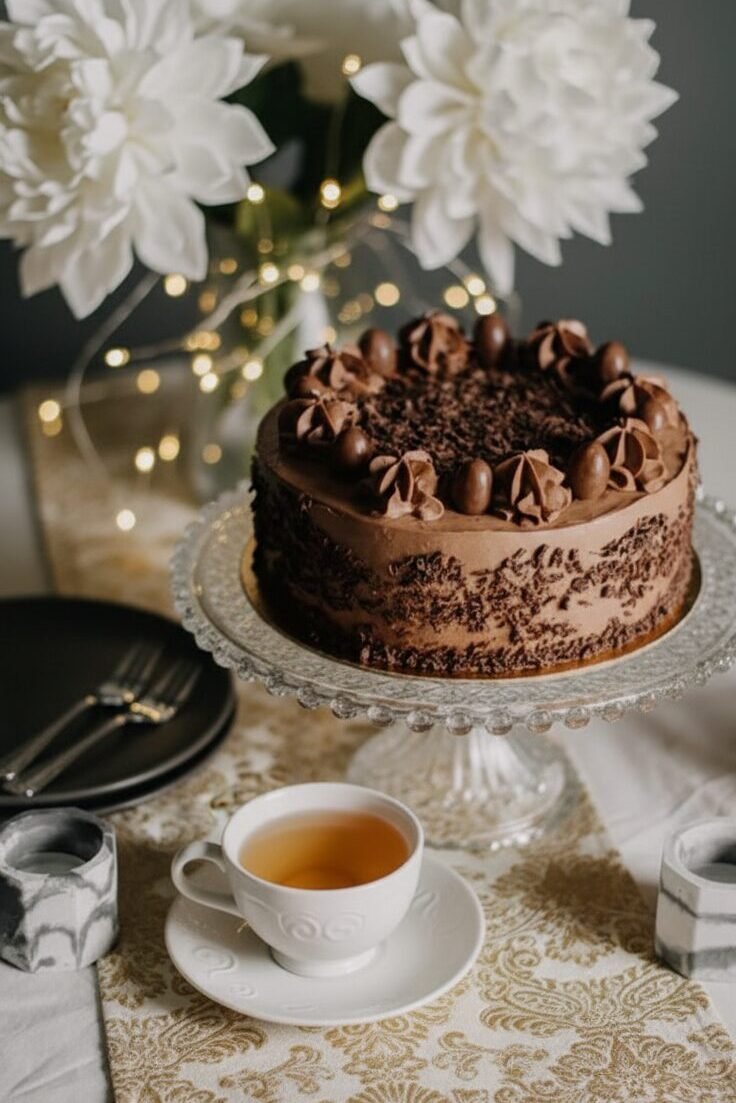 Chocolate cake with tea on elegant table setting, featuring white flowers and warm decor.