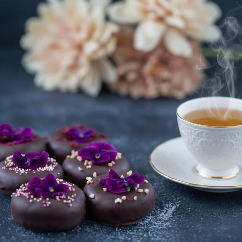 Steaming cup of tea with chocolate donuts adorned with purple flowers and soft-focus flowers in the background.