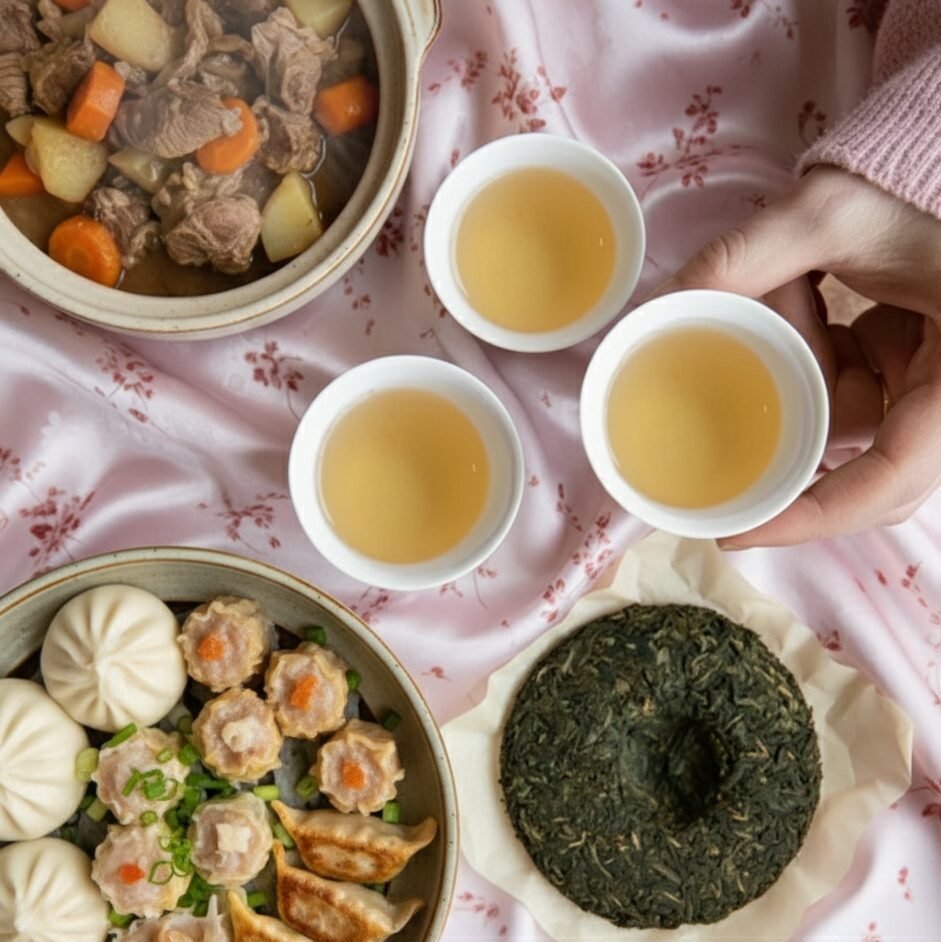 Assorted Asian dishes with tea on a pink floral cloth, featuring dim sum, steamed buns, and a tea cake.