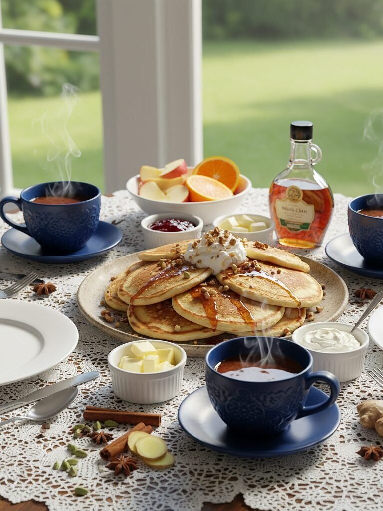 Steaming pancakes with syrup and nuts, flanked by tea, fresh fruit, and butter on a lace-covered breakfast table.