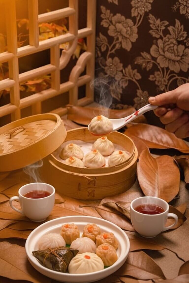 Steaming dim sum with tea, wooden basket, and autumn leaves in an elegant setting. Perfect for cozy dining experiences.