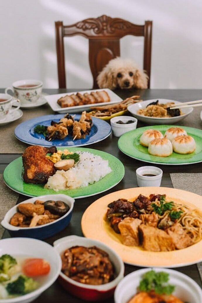 Festive meal setup with diverse Asian dishes on plates, and a curious dog in the background.