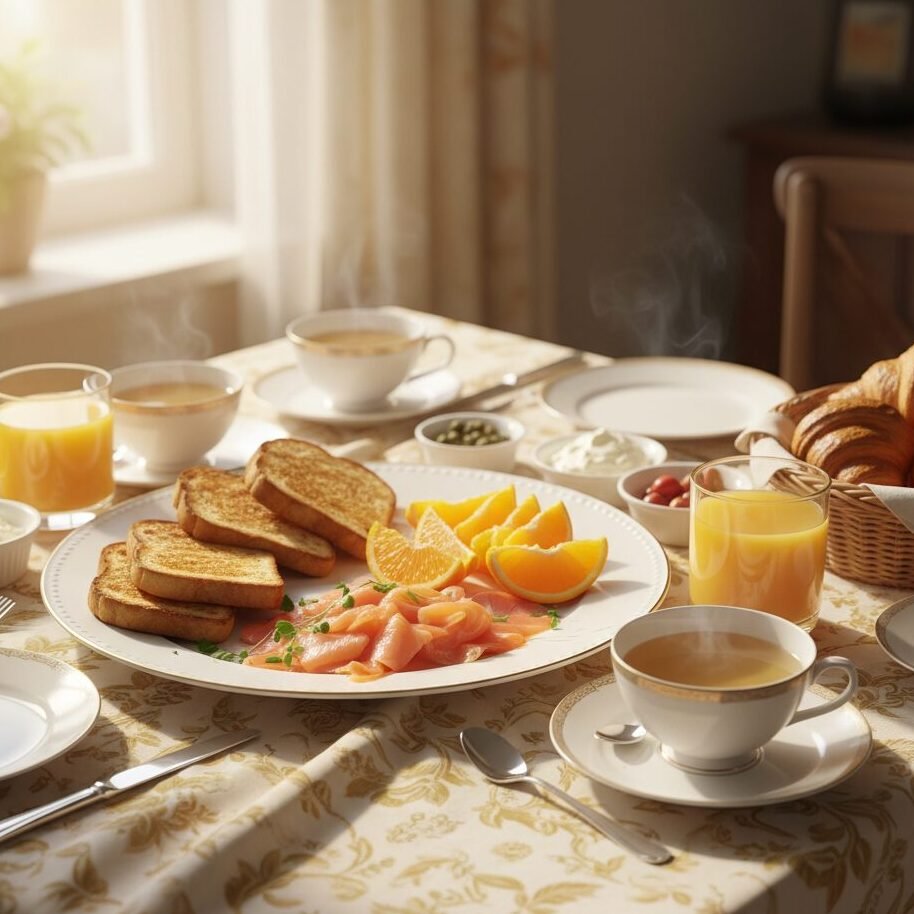 Elegant breakfast setting with smoked salmon, toast, orange slices, coffee, and orange juice on a sunlit table.